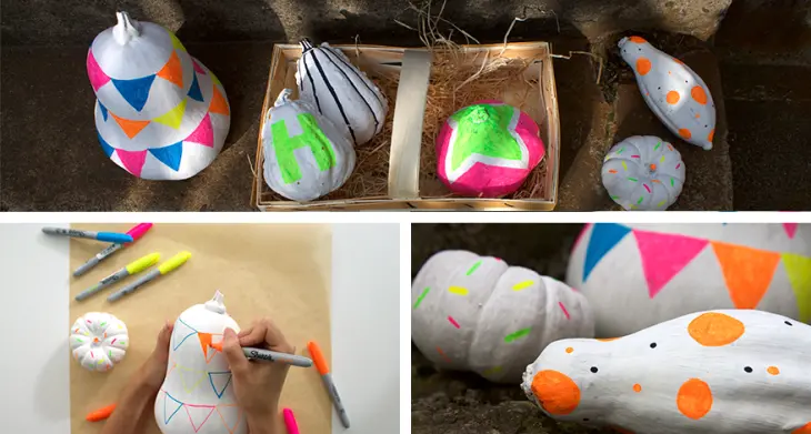 Collage mit 3 Bildern. Das obere Bild zeigt weiß bemalte Kürbisse, welche teilweise in einem Korb liegen. Die Kürbisse sind mit Neonmarkern der Marke Sharpie bunte bemalt. Das untere linke Bild zeigt, wie ein weißer Kürbis mit einem Wimpelmuster mit bunten Sharpie Markern bemalt wird. Das rechte Bild zeigt die fertig bemalten Kürbisse.