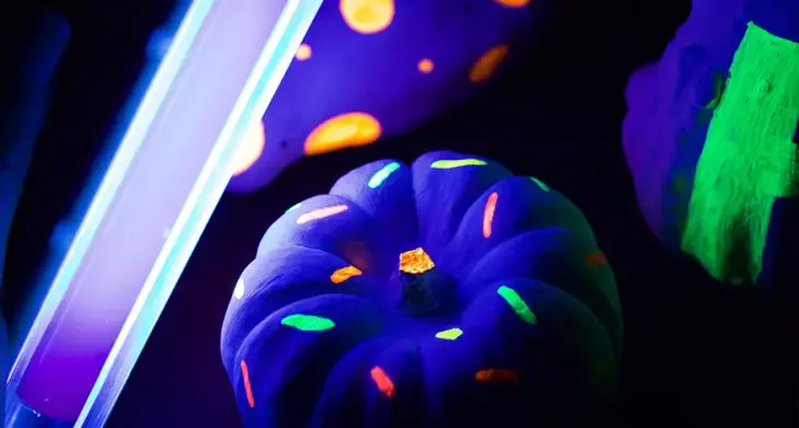 Mit bunten Neonstreifen bemalte Kürbisse liegen unter einer Schwarzlichtlampe, die Farben leuchten dadurch.