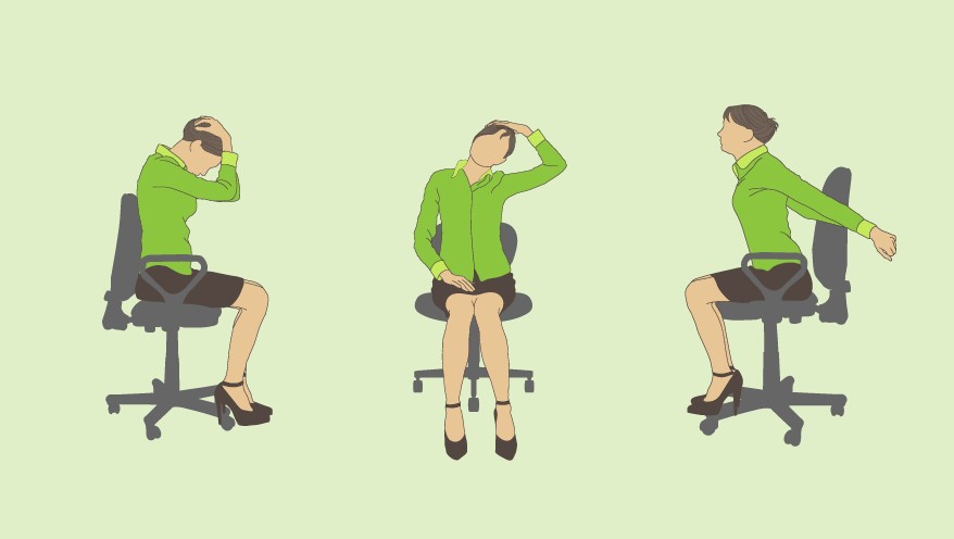 Skizze einer Frau, die auf einem Schreibtischstuhl sitzt und verschiedene Dehnübungen macht.