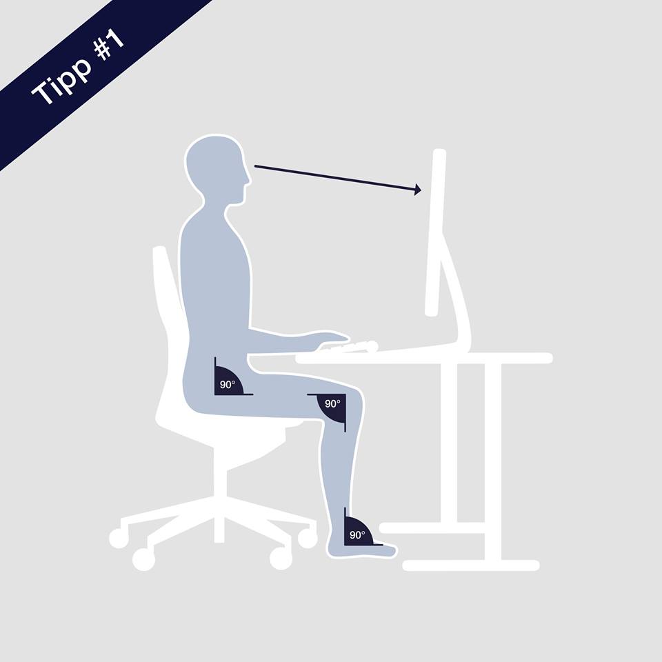 Skizze, welche zeigt, in welcher Position man richtig am Schreibtisch vor dem Bildschirm sitzt.