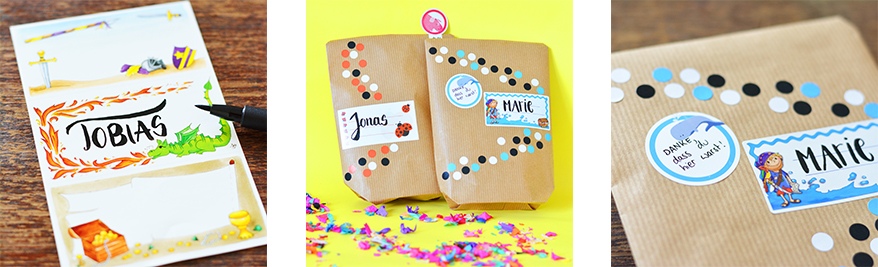 Eine Coolage aus drei Bildern. Auf der rechten Seite sieht man Klebeetiketten von Avery Zweckform. Ein Etikett wurde mit dem Namen "Tobias" belettert. In der Mitte sind zwei verzierte Tüten auf einem gelben Untergrund zu sehen. Um die Tüten liegt Konfetti. Auf der rechten Seite sieht man eine Nahaufname einer verzierten Tüte, die mit weißen, hellblauen und schwarzen Klebepunkten dekoriert wurde. Auf einem Etikett steht der Name "Marie"." 