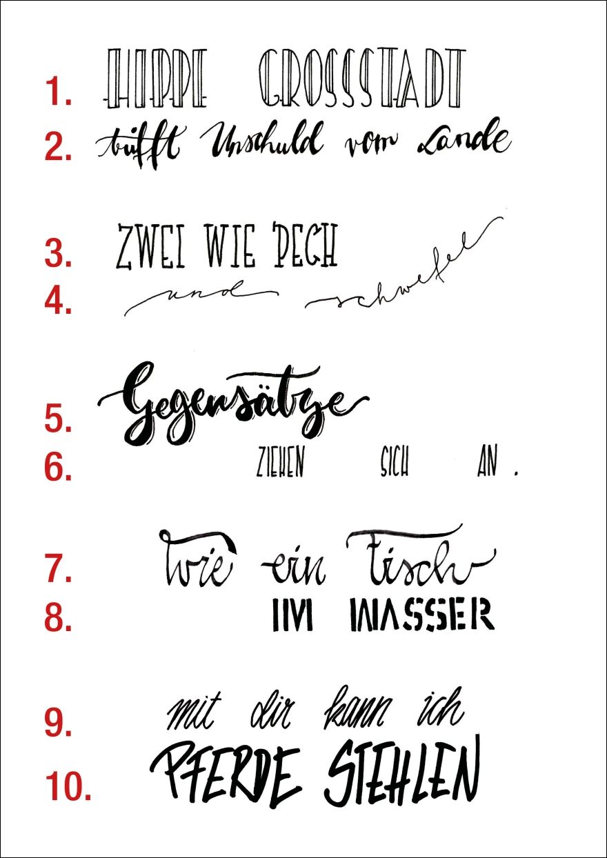Eine Übersicht verschiedener Letteringarten, die von eins bis zehn durchnummeriert sind.
