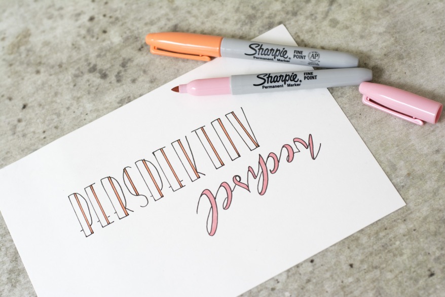 Ein Blatt Papier wurde mit dem Wort "Perspektivwechsel" belettert. Darauf liegen ein rosaner und orangener Marker von Sharpie.