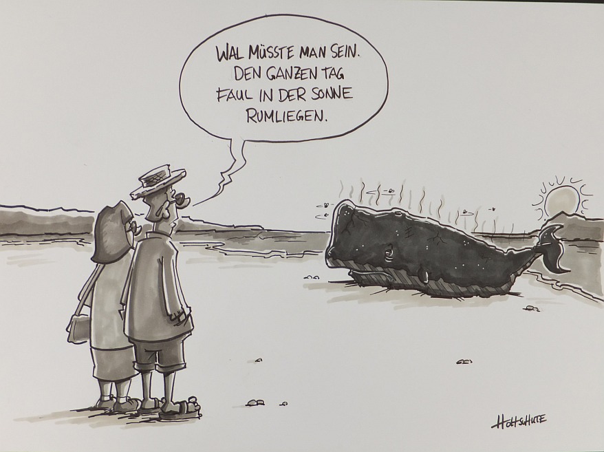 Comic des Zeichner Michael Holtschulte. Man sieht einen Wal, der am Strand angespült wurde und unter der heißen Sonne vertrocknet. Ein paar steht etwas weiter entfert, schaut auf den Wals und der Mann sagt "Wal müsste man sein. Den ganzen Tag faul in der Sonne rumliegen".