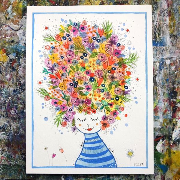 Gemaltes Bild einer abstrahierten Person mit bunten blumenförmigen Haaren.