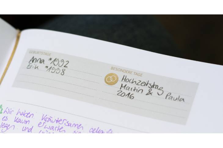 Nahaufnahme vom Kopf einer Seite des 10-Jahreskalenders der Marke Brunnen, wo ein graues Feld für Einträge für Geburtstage und besondere Tage zu sehen ist. Unter den Geburtstagen sind die Einträge "Anna 1992" und "Erik 1998" eingetragen, unter den besonderen Tagen steht "Hochzeitstag Martin & Paula 2016".