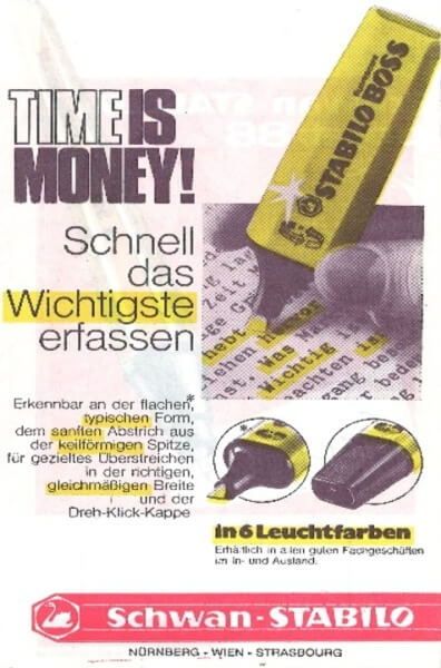 Eine alte Anzeige von Schwan Stabilo zu seinem Textmarker.