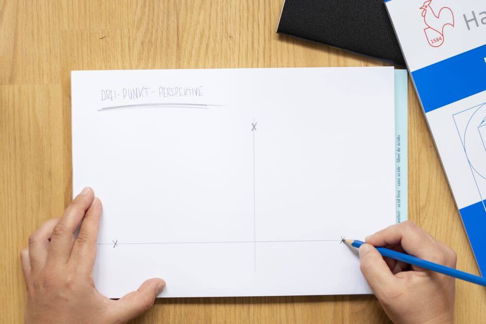 3-Punkt-Perspektive Schritt 3: Drei Fluchtpunkte definieren: Zwei auf der Horizontline, einen auf der vertikalen Hilfslinie.
