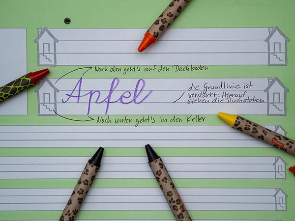 Die aufgeschlagene Seite eines Schreiblernheftes von Brunnen mit Kontrastlineatur und Schreiblernhaus. Die Funktion des Schreiblernhauses wird anhand des Wortes "Apfel" erklärt. Außerdem liegen mehrere Wachsmalkreiden auf dem Heft. Foto: Johanna Rundel
