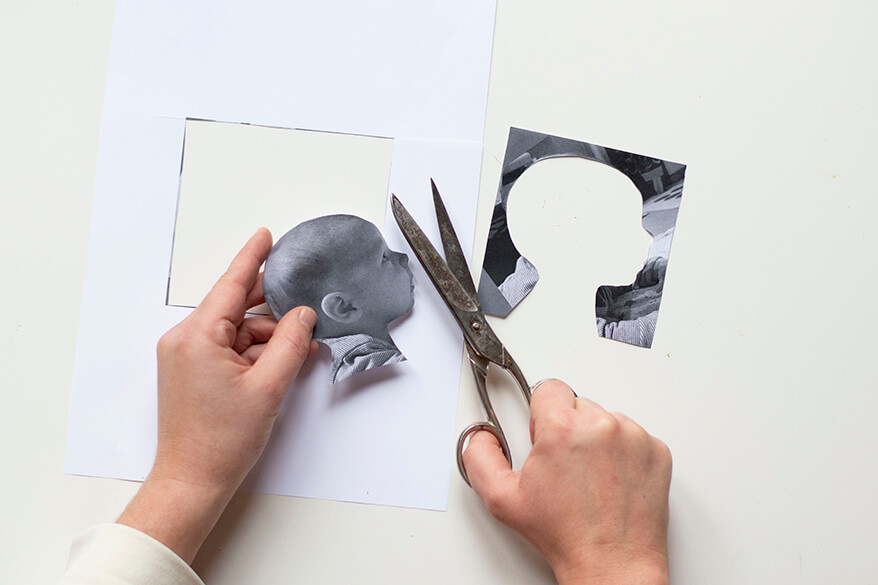 Anleitung für einen Do-it-yourself-Scherenschnitt. Schritt 1: Ein ausgedrucktes Profilbild des Kindes wird ausgeschnitten