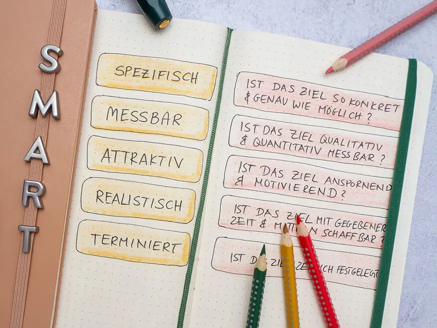 Die Regeln der SMART-Methode wurden mit Buntstiften in ein grünes Notizbuch von Moleskine geschrieben. Foto: Johanna Rundel