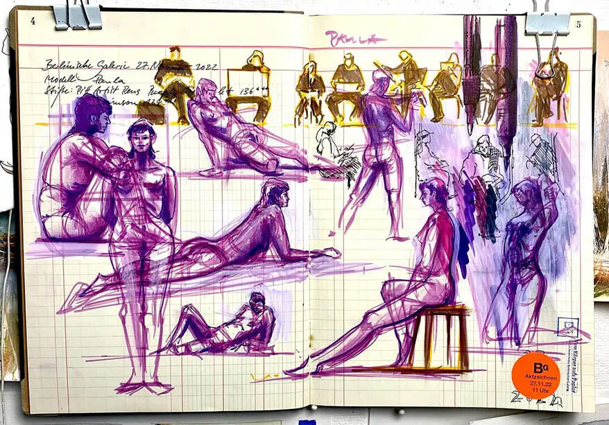 Violette Aktzeichnungen einer Frau in einem Hahnemühle-Skizzenbuch von Jens Hübner.