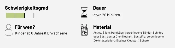Infografik „Zauberstab mit Kindern basteln“ zu Schwierigkeitsgrad, Für wen, Dauer, Material