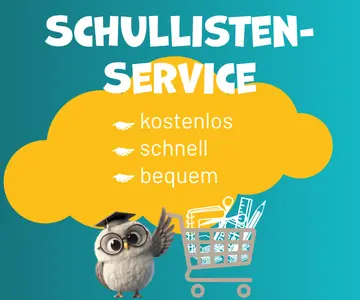Grafik mit Text "Schullisten-Service", darunter Icon eines Einkaufswagens mit Schulmaterial