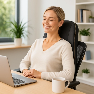 Frau entspannt mit Rückenmassagegerät im Büro.
