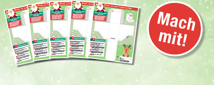 Abbildung mehrerer Seiten eines Bastelbogens mit Störer "Mach mit"