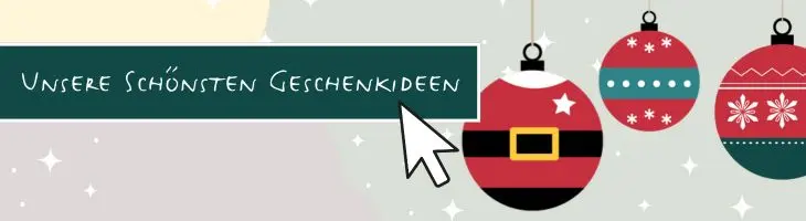 Weihnachtliche Illustration mit dem Text „Unsere schönsten Geschenkideen"
