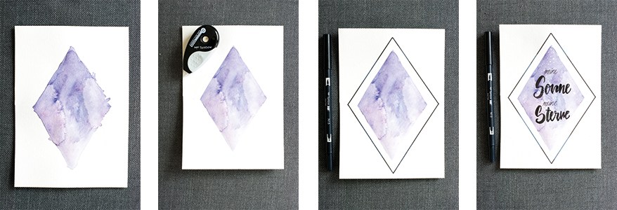 Schrittweise Entstehung einer Lettering-Karte mit Diamant-Aquarellmotiv