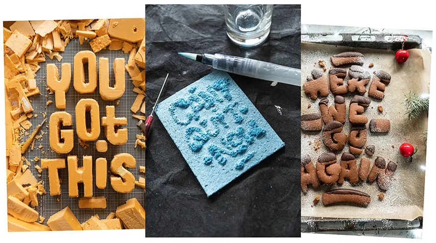 Collage von drei hochformatigen Fotos zum Thema experimentelles Lettering: Lettering aus Bauschaum, auf einem Spülschwamm und Lebkuchenbuchstaben.