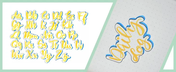 Grafik eines Brushlettering-Alphabets in orange und blau.