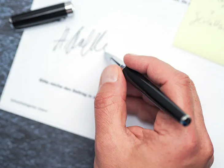 Jemand unterschreibt mit einem HUGO BOSS Kugelschreiber. Foto: Johanna Rundel