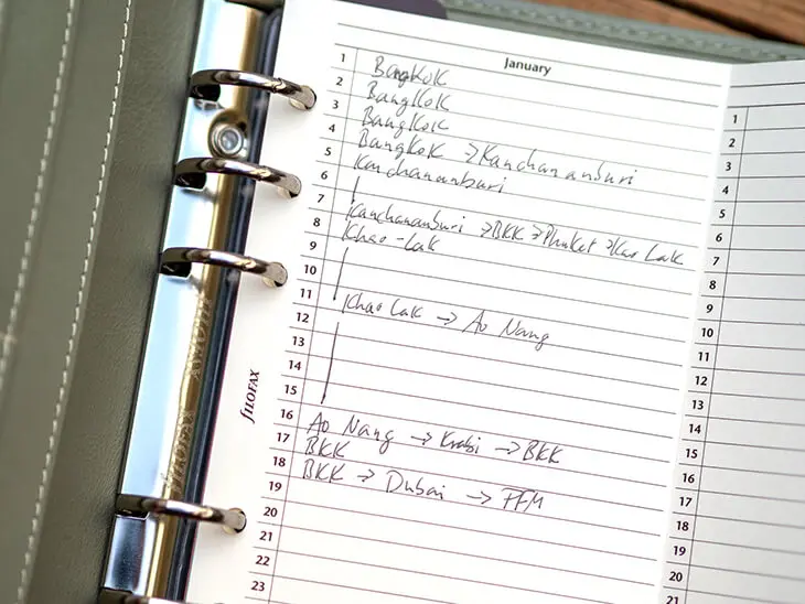 Ausgeklappter Jahreskalender in einem Filofax Reisetagebuch. Foto: Johanna Rundel