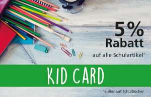 KID CARD von Wiederholdt, auf der ein geöffnetes Schulmäppchen mit Stiften und weiteren Schulmaterial zu sehen ist. Darauf steht außerdem: "5% Rabatt auf alle Schulartikel"