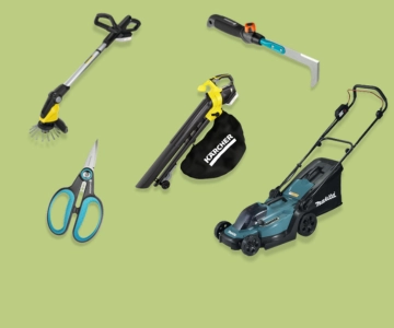 Gartengeräte auf grünem Hintergrund.