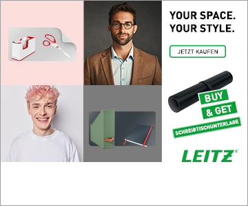 Zwei Personen neben Leitz Produkten.