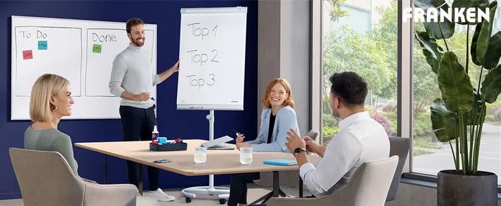 Das Bild zeigt eine Gruppe von Menschen bei der Teamarbeit in einem modernen Meetingraum. Sie nutzen Moderationsprodukte wie ein Whiteboard und ein Flipchart, um ihre Aufgaben und Ideen zu strukturieren. Ein Mann steht an einem Flipchart, während zwei Frauen und ein Mann an einem Besprechungstisch sitzen.