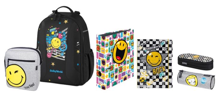 Abbildung eines Schulranzens, einer Umhängetasche, eines Ordners, einer Heftmappe und zwei Mäppchen der Marke herlitz mit bunten Smiley-Motiven.