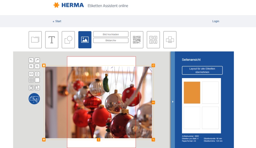 HERMA Etiketten-Editor mit Bild von Weihnachtskugeln im Bearbeitungsmodus.