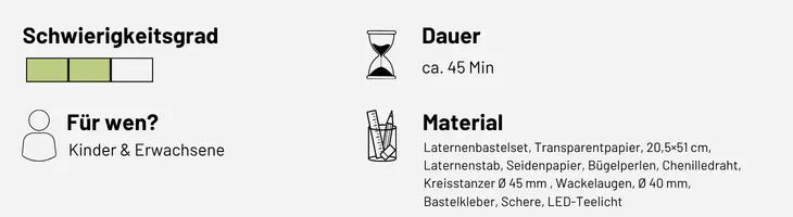Infografik „Sankt Martin Laterne“ zu Schwierigkeitsgrad, Für wen, Dauer, Material