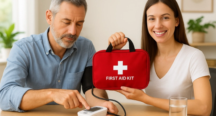 Zwei Mitarbeitende im Büro mit Blutdruckmessgerät und Erste-Hilfe-Tasche.