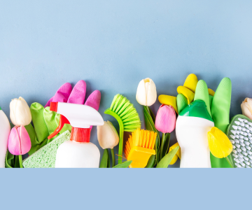 Blumen und Putzmittel vor blauem Hintergrund.